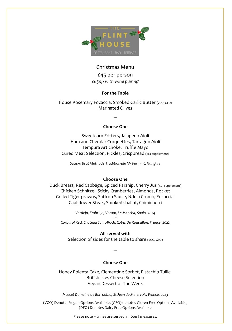 Flint House Group Menu