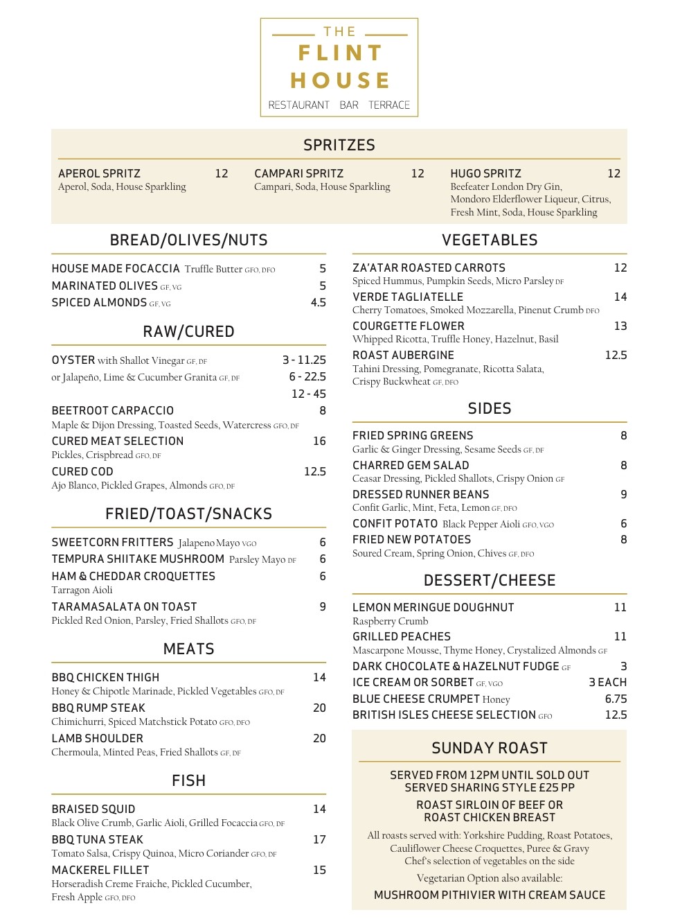 Flint House Food & Drinks Menu