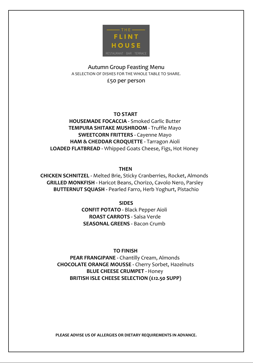 Flint House Group Menu