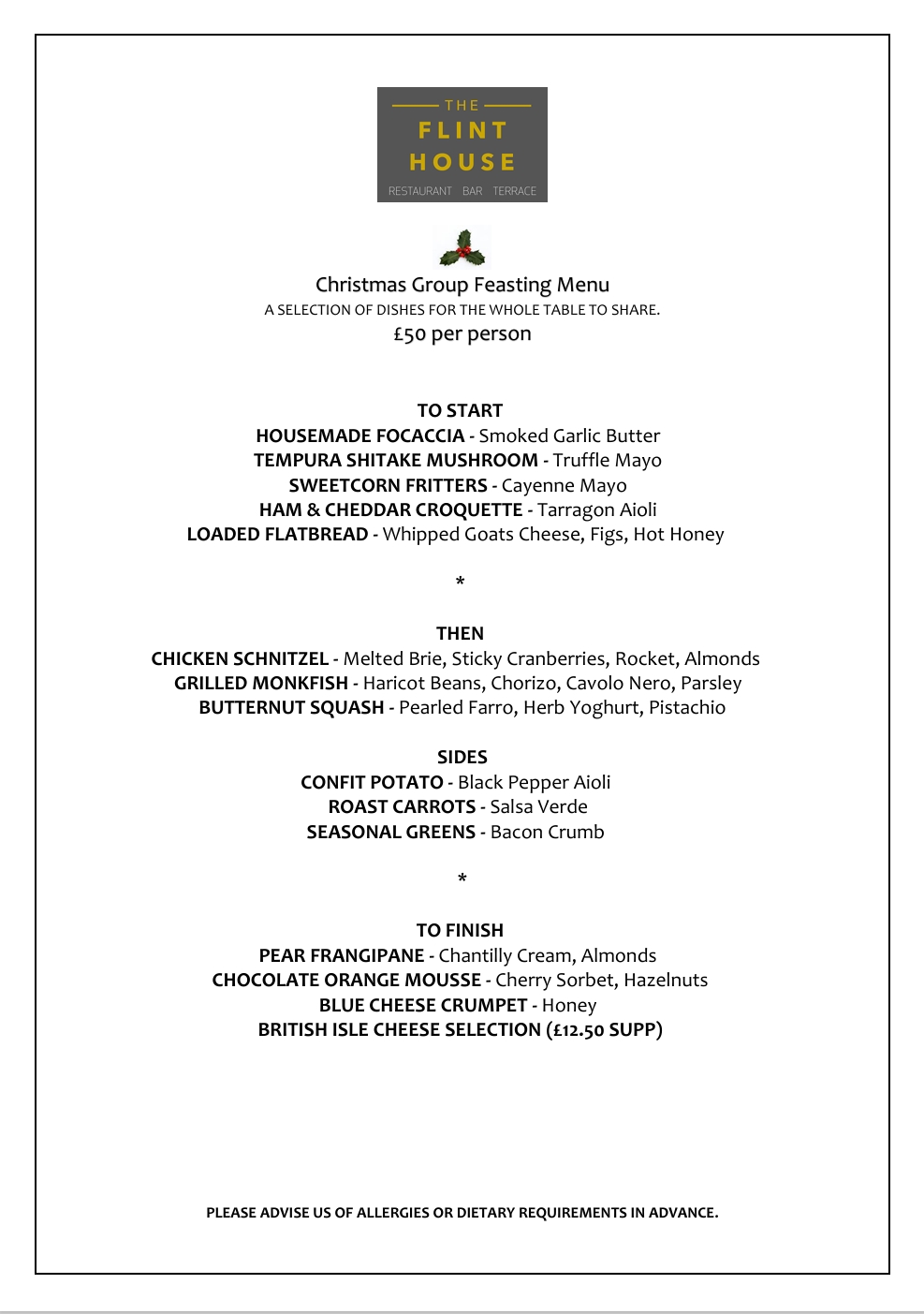 Flint House Group Menu