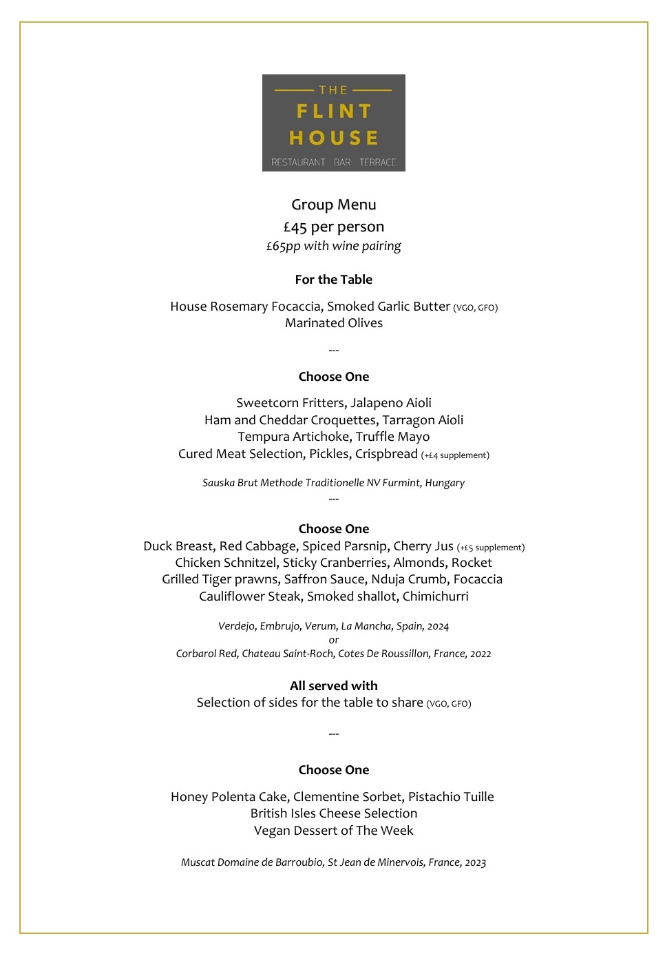 Flint House Group Menu