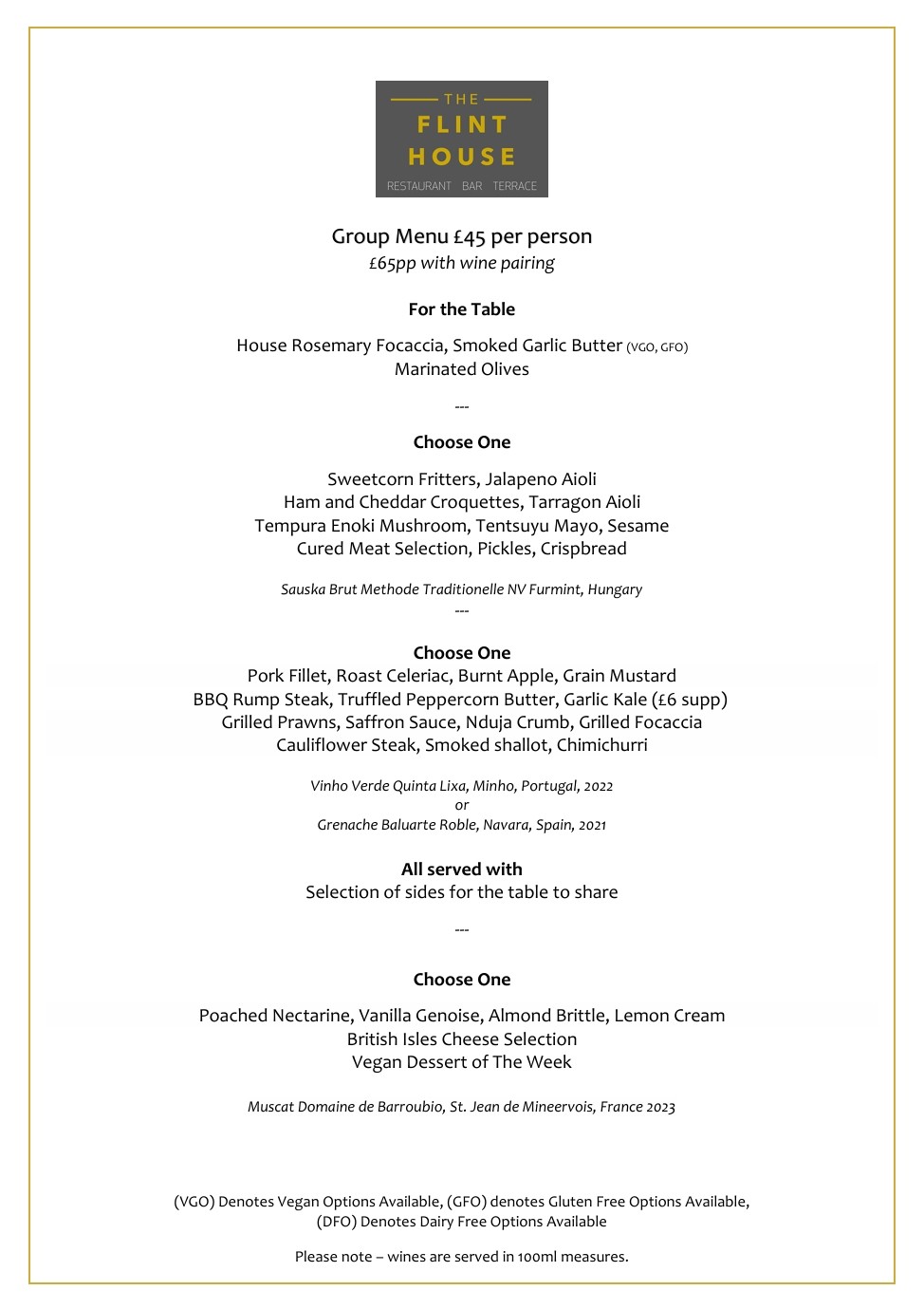 Flint House Group Menu