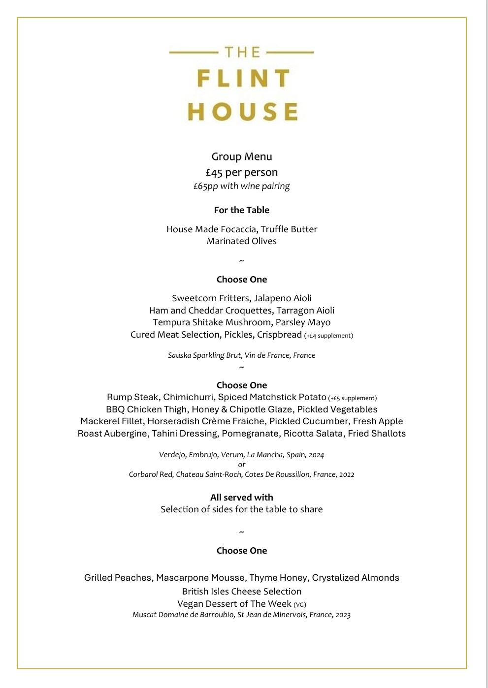 Flint House Group Menu