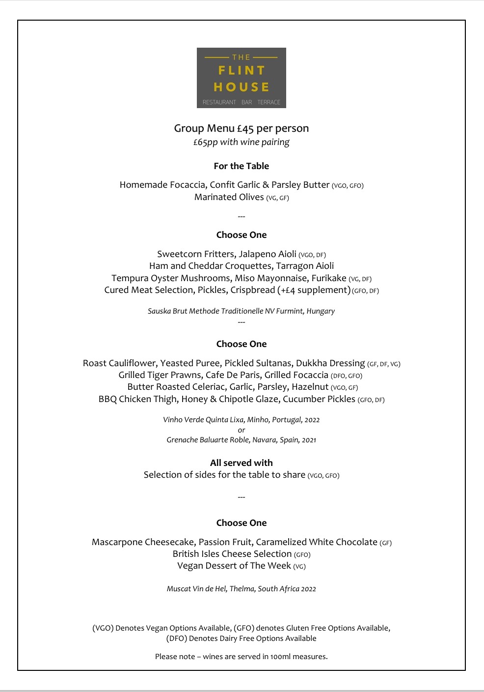 Flint House Group Menu