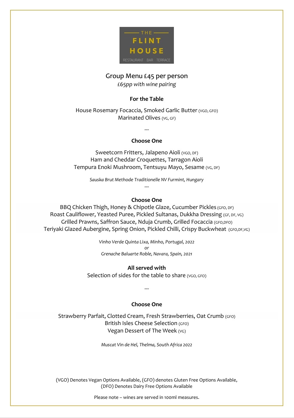 Flint House Group Menu